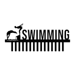 Steel medal holder painted black with the word 'Swimming' and two male swimmer cutouts diving on the left side, featuring 15 hooks for medals.